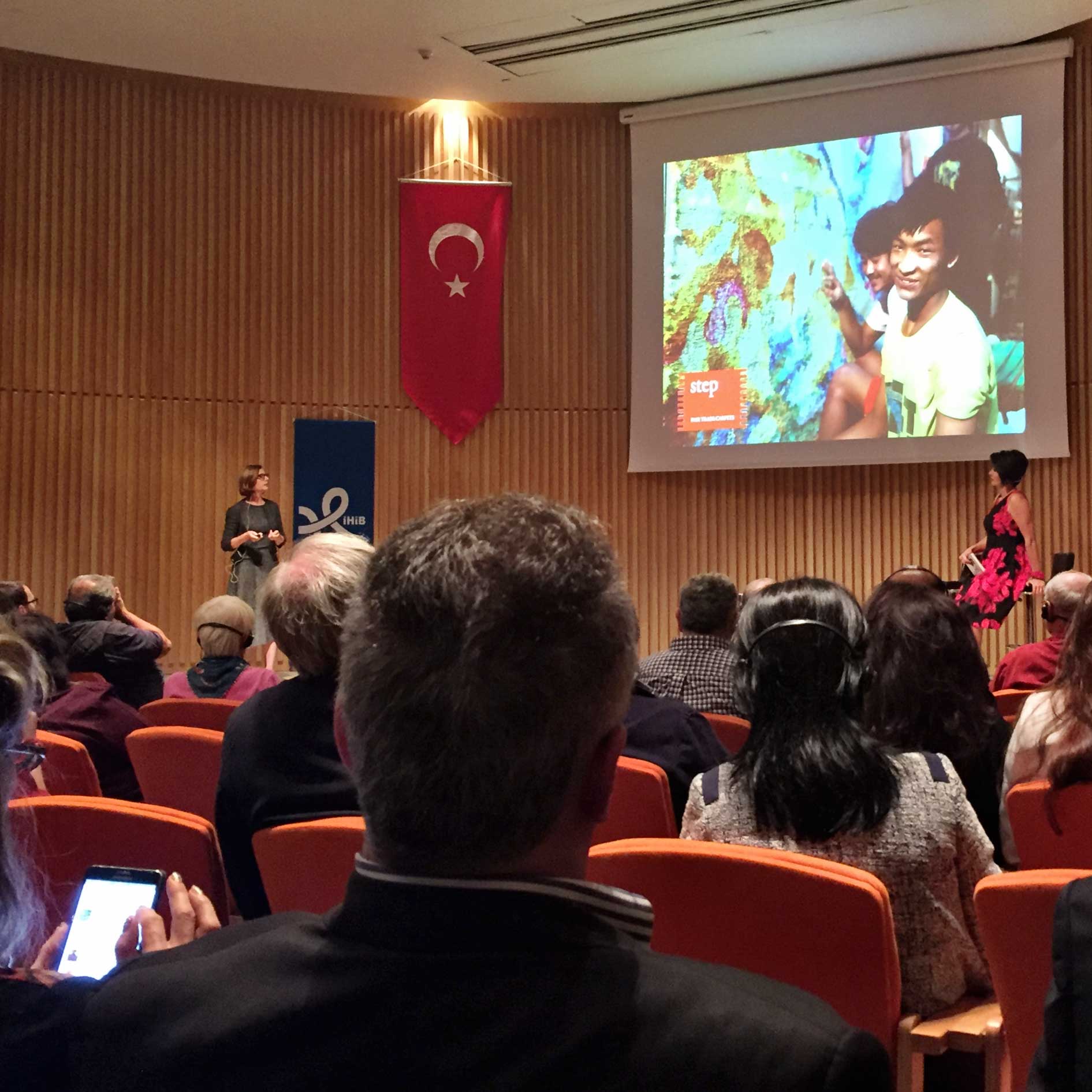 Carol Sebert of Creative Matters is shown speaking about LabelSTEP during her presentation 'Contemporary Carpet Design' during the Istanbul International Carpet Conference, 6 October 2016. | Image courtesy of The Ruggist.
