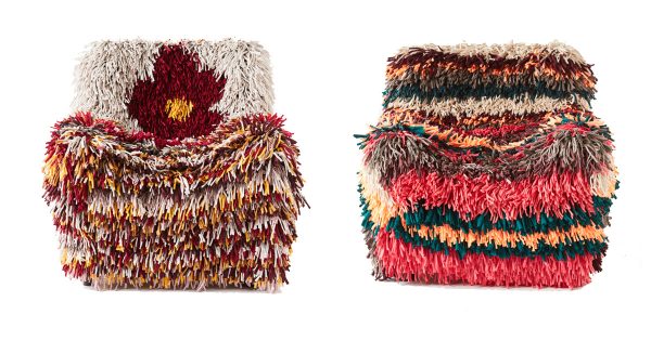 The Ragamuf handknotted stretchable chair cover is made by Syrian Refugee Women in Turkey from discarded fashion industry waste fabric. What's not to love? | The Ruggist