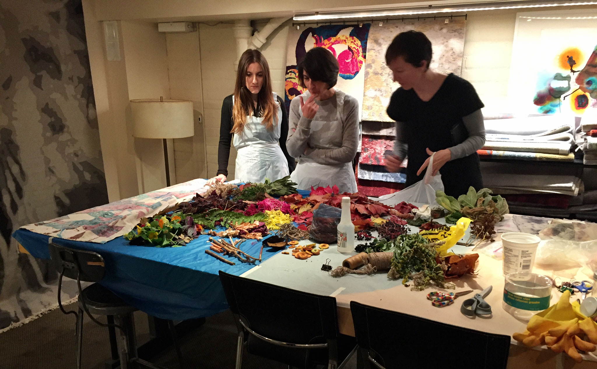 Some of the staff of Creative Matters reviewing the flowers, berries, sticks, and other natural items before the start of the Natural Dyes Art Day, 7 November 2016. | Image by The Ruggist.