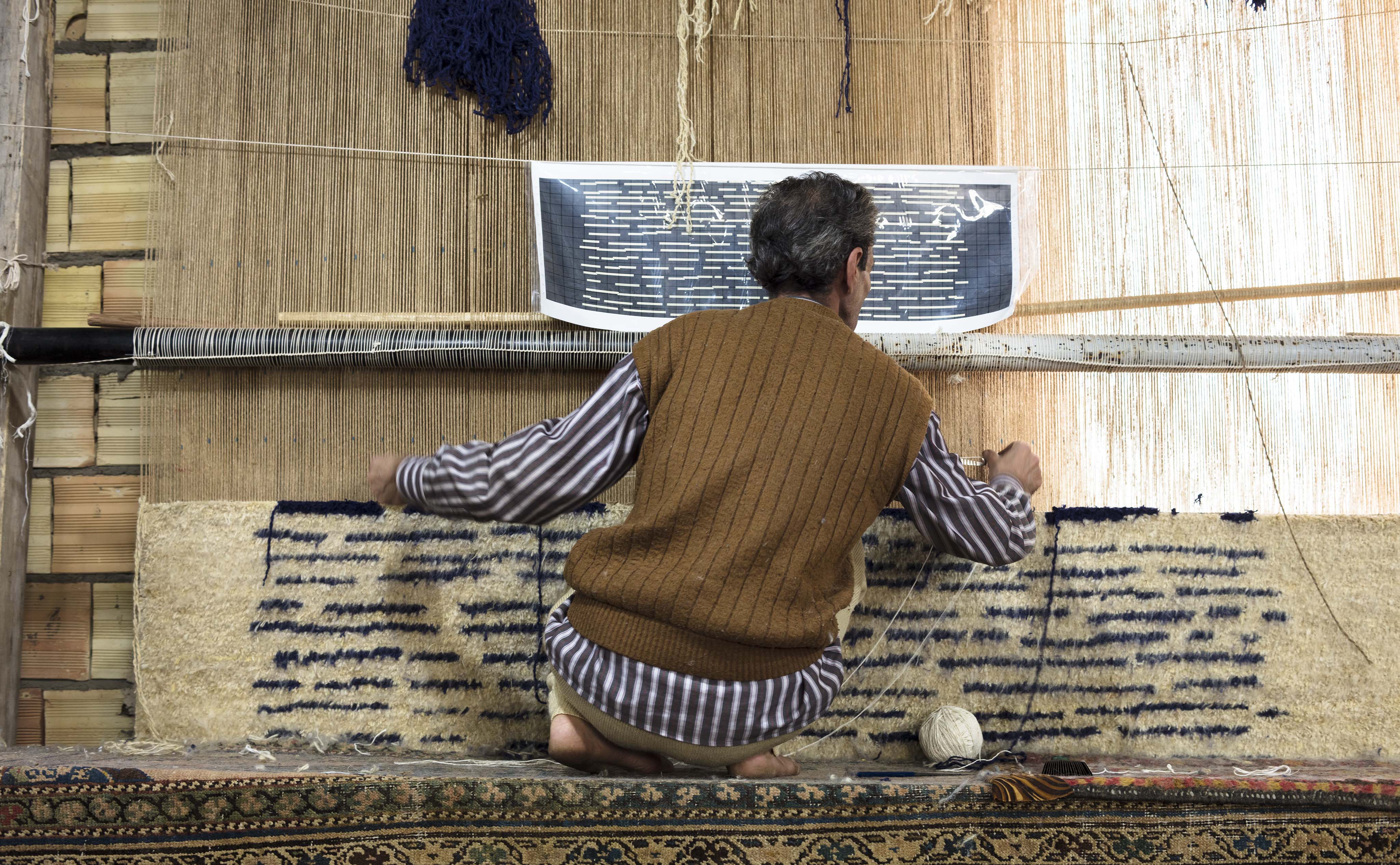 A carpet from the 'Silence Azerbaijan Collection' by Nasser Nishaburi is shown on loom in Tabriz, Iran, the historic capital of West Azerbaijan Province. | Image courtesy of Nasser Nishaburi.