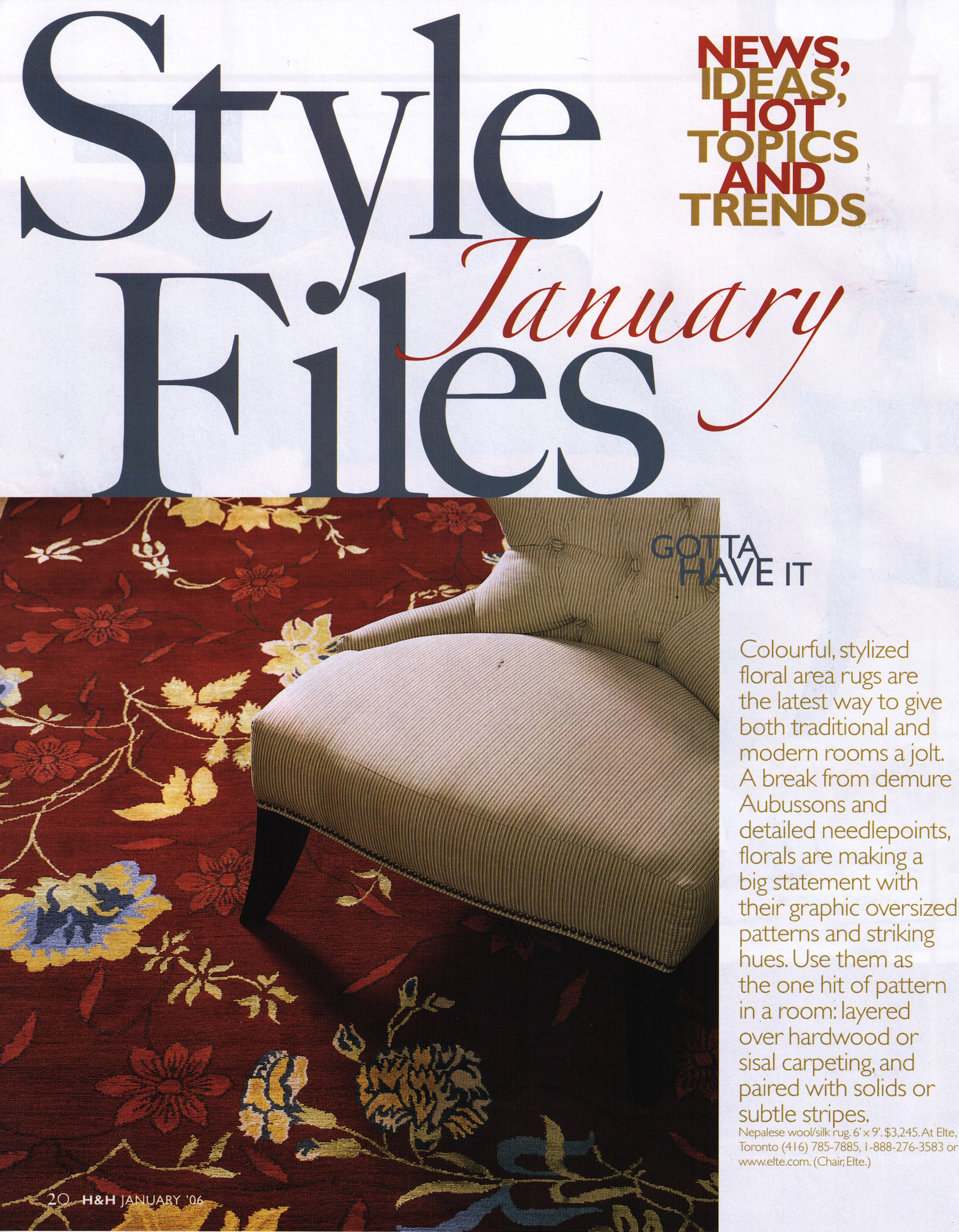 The 'Style Files' page from the January 2016 issue of House and Home magazine featuring a carpet by Elte. | Scanned image of the magazine by The Ruggist.