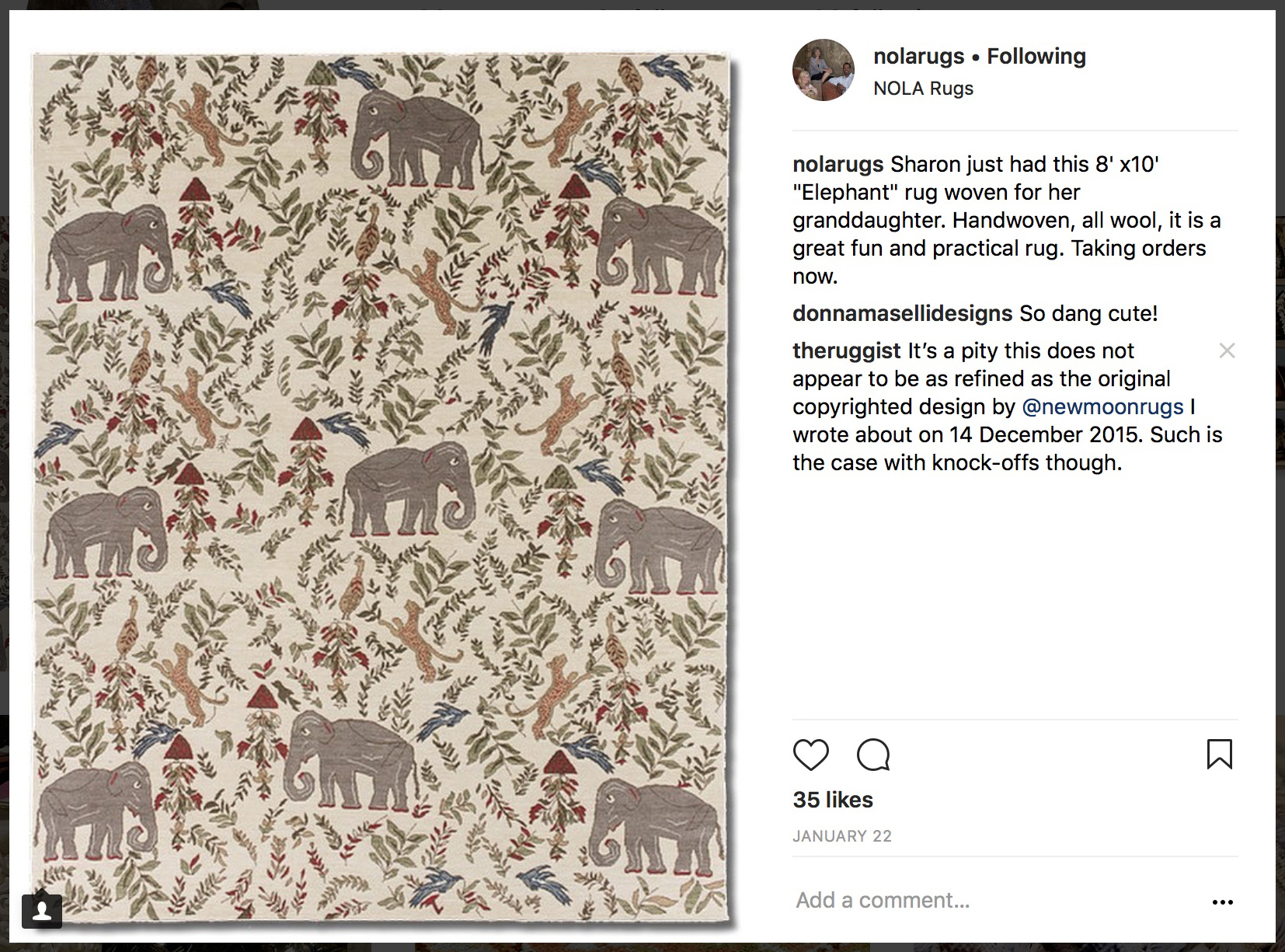 Screen-capture of an Instagram post by Nola Rugs of New Orleans, Louisiana depicting a knockoff of "Menagerie' by New Moon.' | Screen-capture by The Ruggist on 31 January 2018.