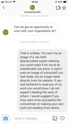 Screen-capture of a dialog between @omcreations05 and @theruggist on Instagram from 13 October 2017. | Screen-capture by The Ruggist on 1 July 2018.