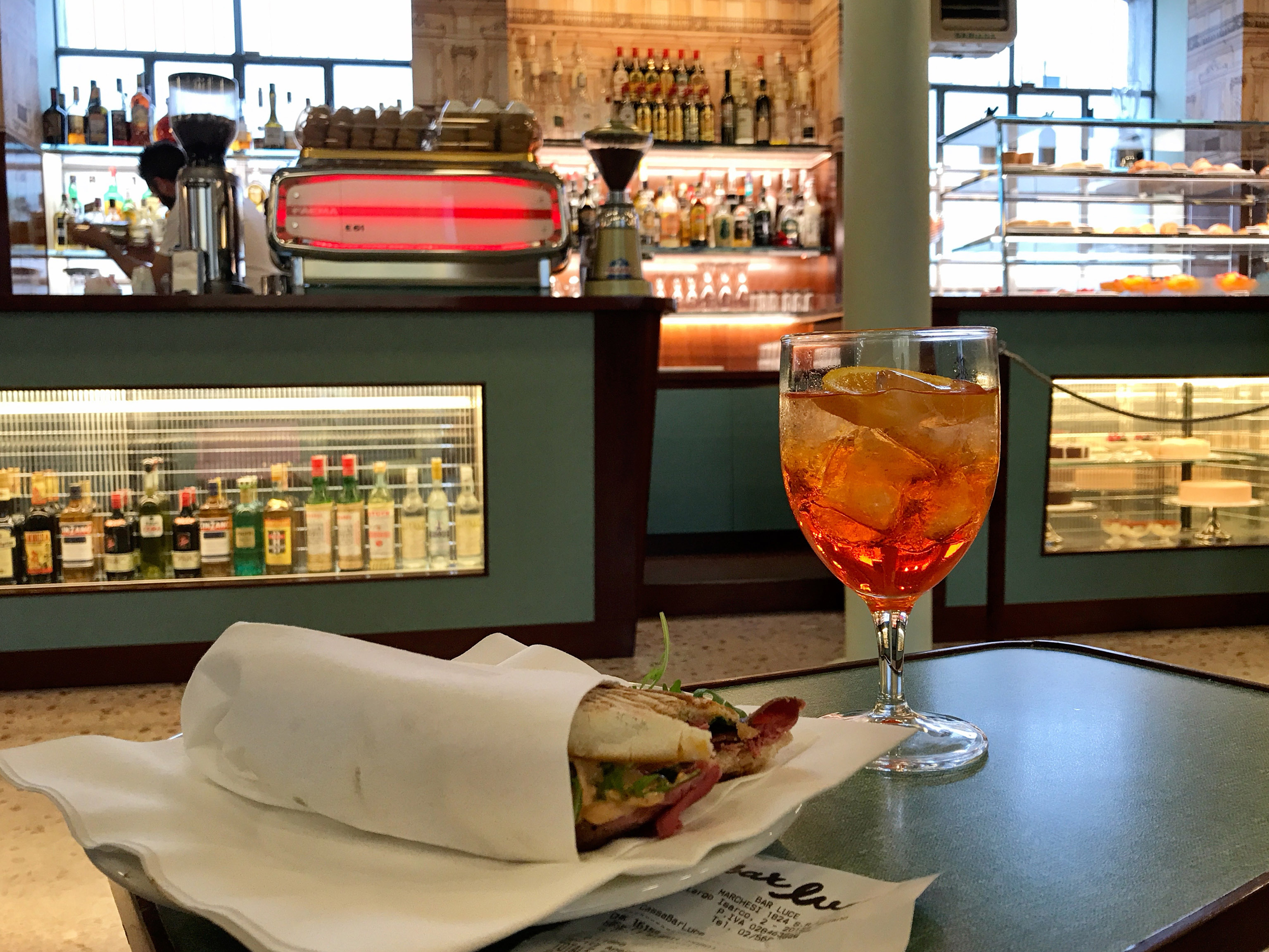 A roast beef panino and an Aperol Spritz were on the late lunch menu for The Ruggist at Bar Luce. | Image by The Ruggist.