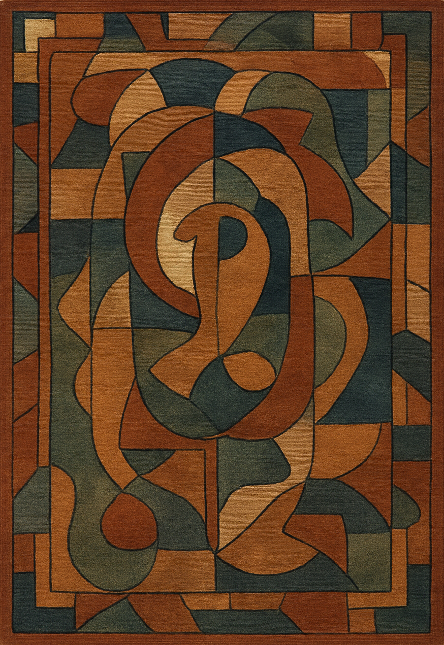 A Mamluk medallion rug with inspiration from cubist painting and organic biomorphic forms. | Image via ChatGPT and The Ruggist.