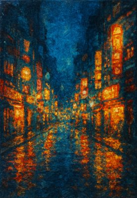 A carpet that feels like Monet, but with the vibe of a Tokyo street at night. | Image via ChatGPT and The Ruggist.