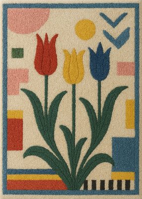 A rug concept in which Ottoman tulips have met Memphis Group postmodernism. | Image via ChatGPT and The Ruggist.