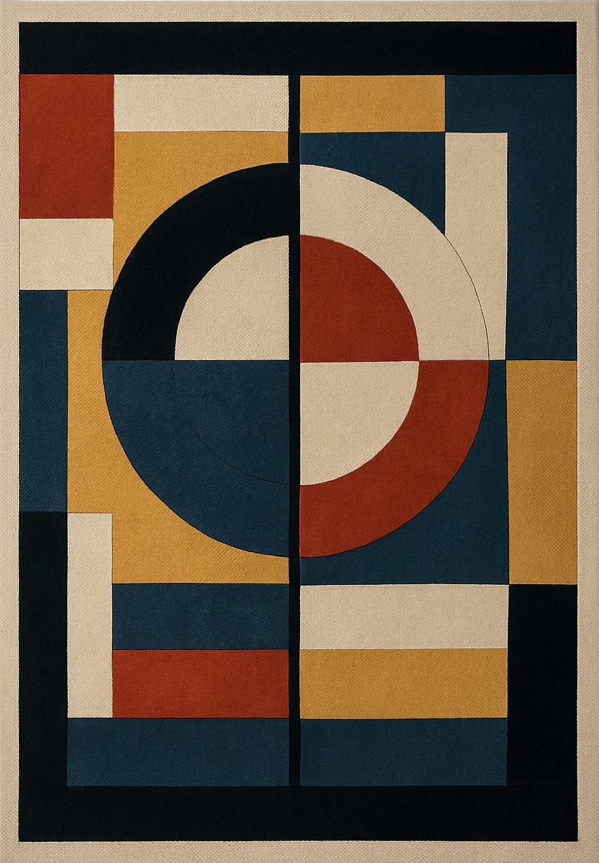A Persian medallion rug reinterpreted through Bauhaus geometry, limited to six colours, large scale suitable for a Manhattan loft. | Image via ChatGPT and The Ruggist.