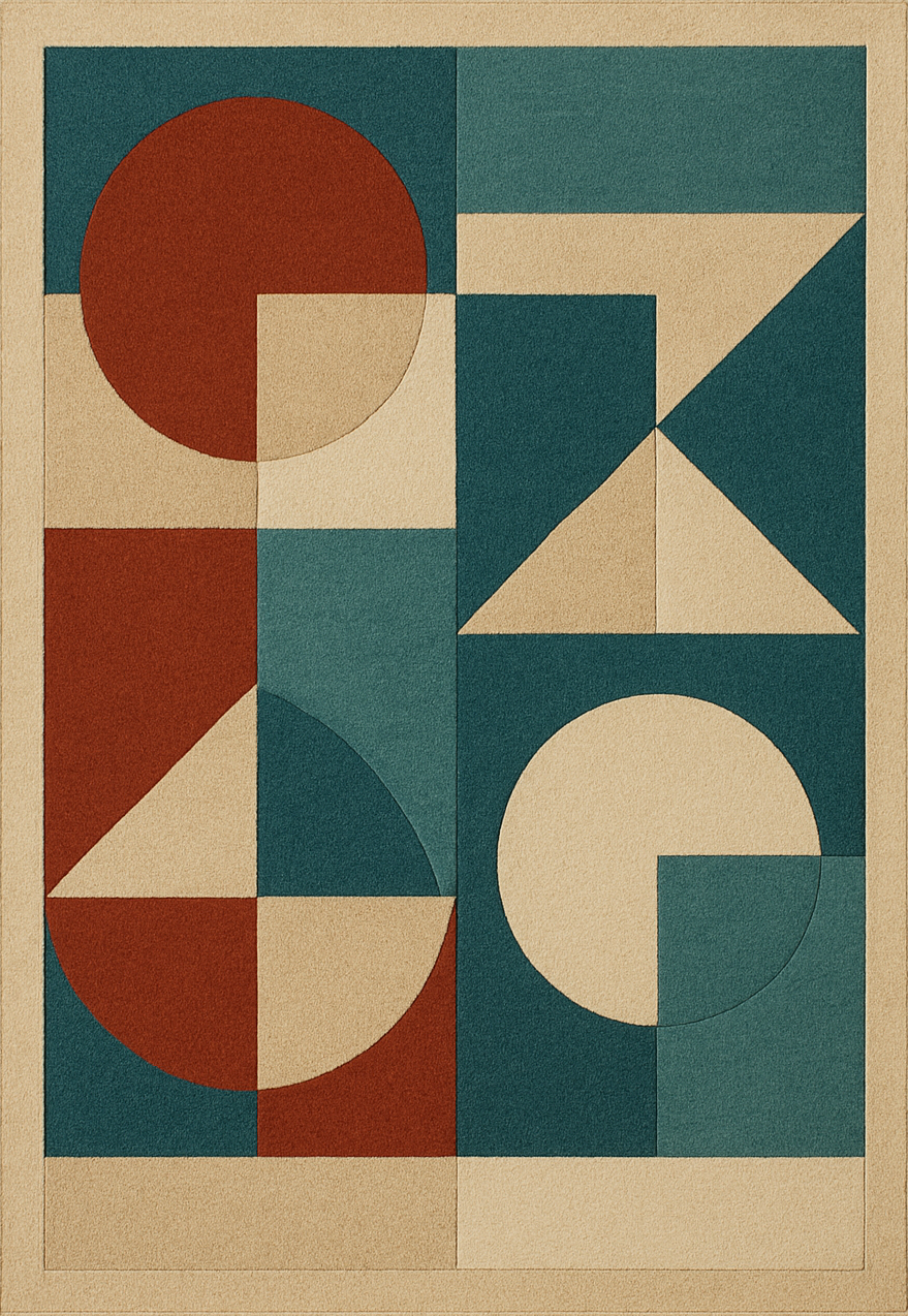 A Persian medallion rug reinterpreted through Bauhaus geometry, limited to six colours, large scale suitable for a Manhattan loft. | Image via ChatGPT and The Ruggist.