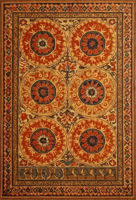 A rug concept in which Uzbek Suzani motifs are merged with Baule textiles. | Image via ChatGPT and The Ruggist.